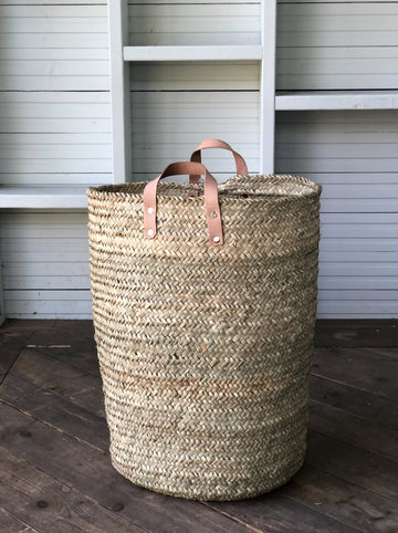 SEAGRASS LAUNDRY BASKET WITH LEATHER HANDLES living-decorative-object Pepin Boho collab 22" X 16"