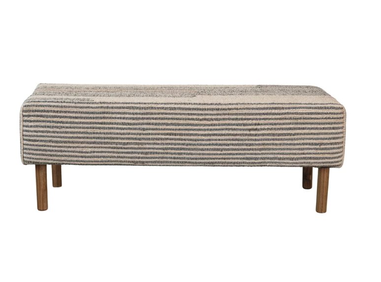 BENCH WITH UPHOLSTERED WOVEN COTTON  DHURRIE TOP & OAK WOOD LEGS living-furniture Creative Coop   