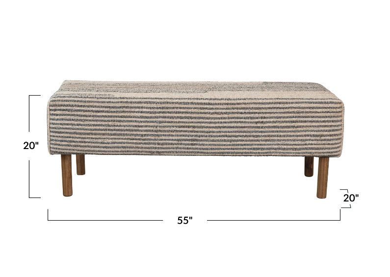 BENCH WITH UPHOLSTERED WOVEN COTTON  DHURRIE TOP & OAK WOOD LEGS living-furniture Creative Coop   